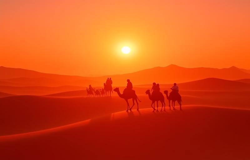 Riding camels across sand dunes during a desert sunset
