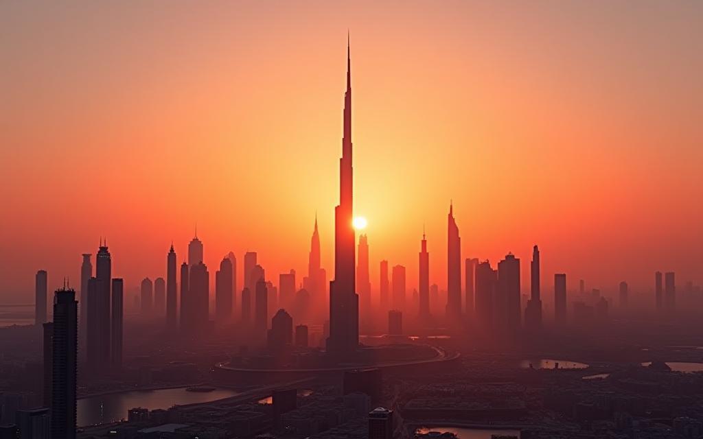 Stunning view of Dubai skyline at sunset, a vibrant cityscape